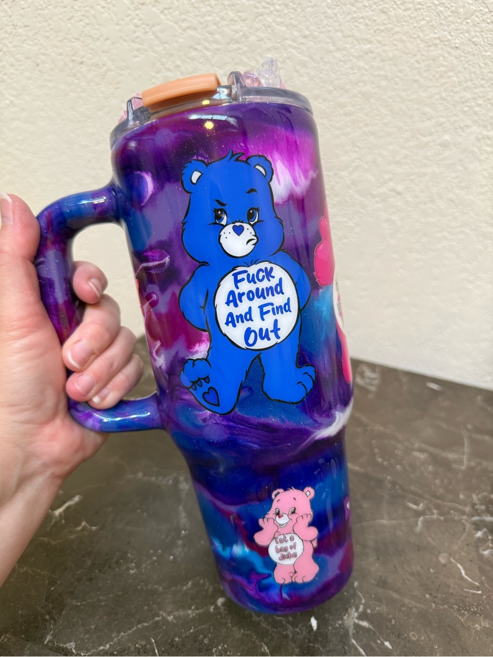 Fuk Around Find Out Swear Bear FAFO Purple 40 oz Tumbler Cup w Handle Handmade